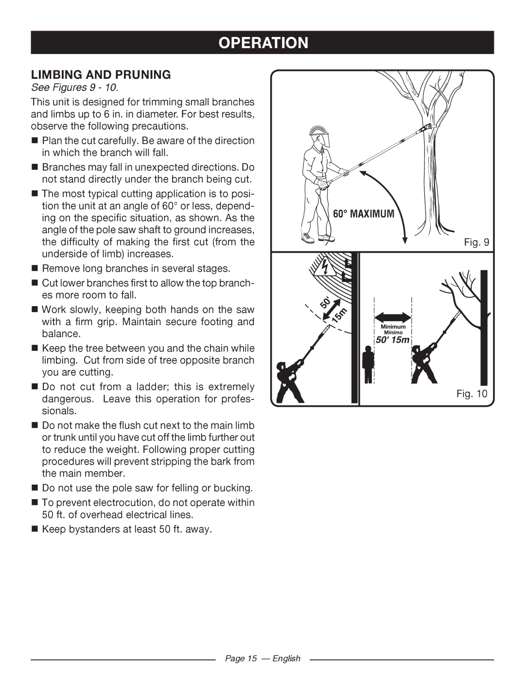 Ryobi RY43160 manuel dutilisation Limbing and Pruning, See Figures 9, Maximum 