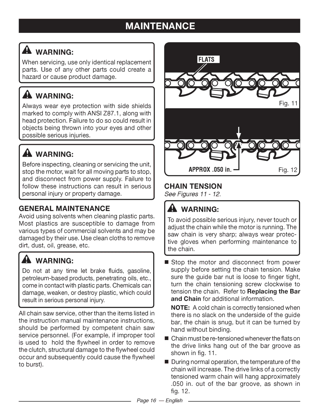 Ryobi RY43160 manuel dutilisation Chain Tension, General Maintenance, Flats, See Figures 11 