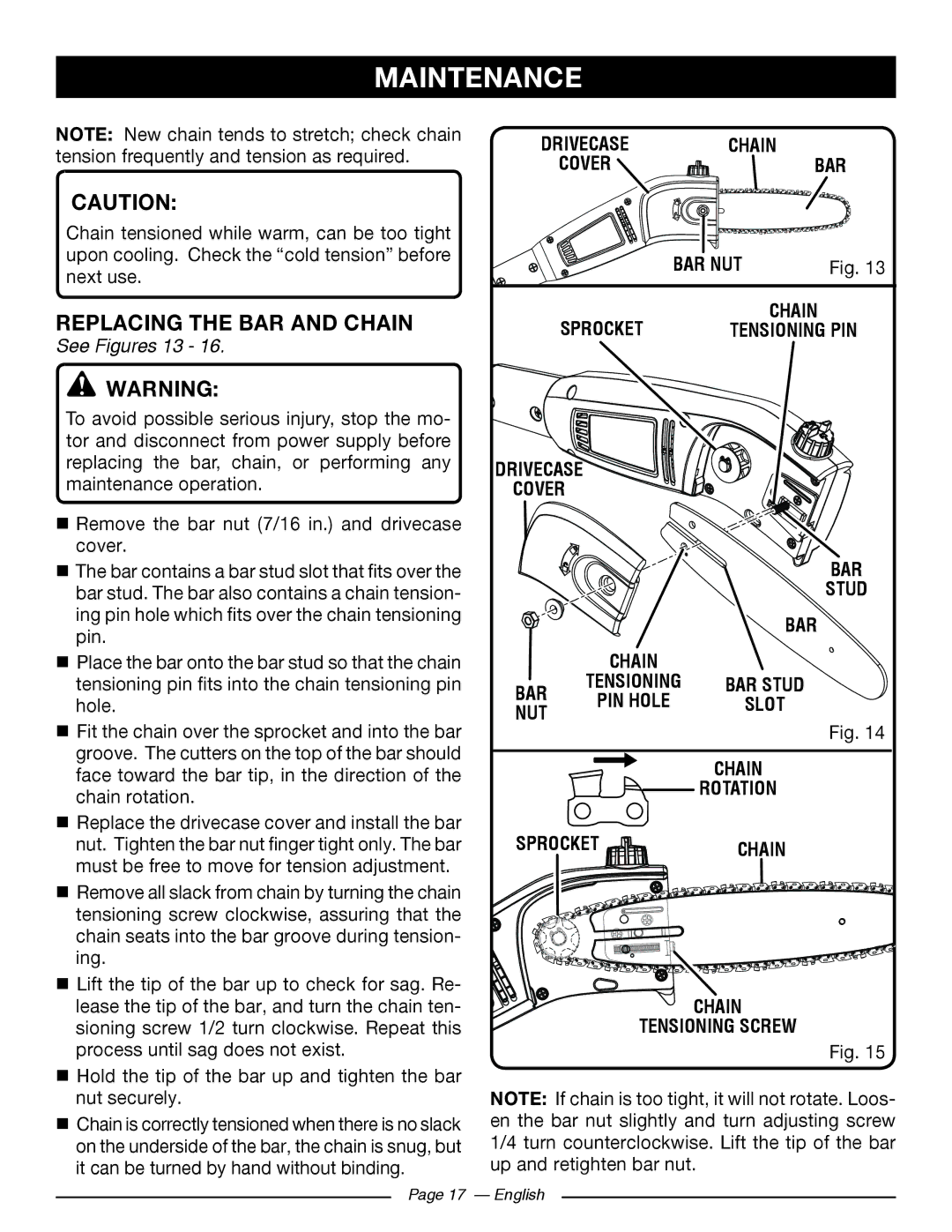 Ryobi RY43160 Replacing the BAR and Chain, See Figures 13, Drivecase Chain Cover BAR BAR NUT Sprocket Tensioning PIN, Nut 