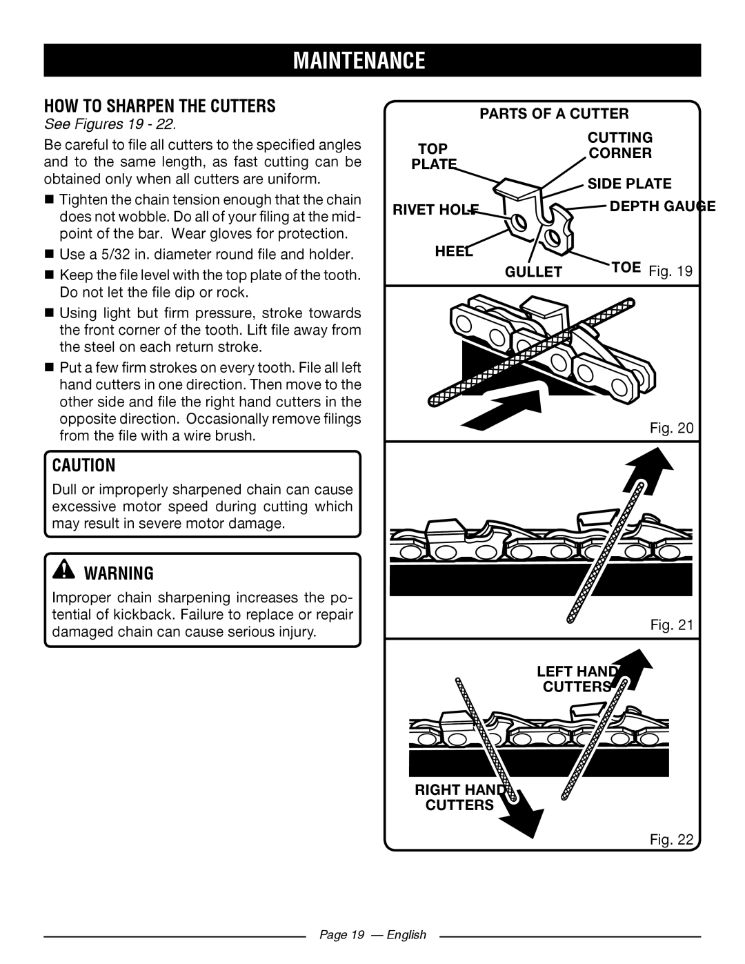 Ryobi RY43160 manuel dutilisation HOW to Sharpen the Cutters, See Figures 19, Gullet, Left Hand Cutters Right Hand 