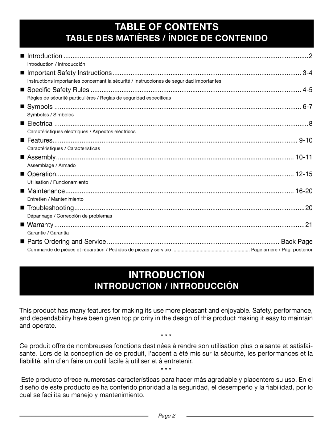 Ryobi RY43160 manuel dutilisation Introduction, Table of Contents 