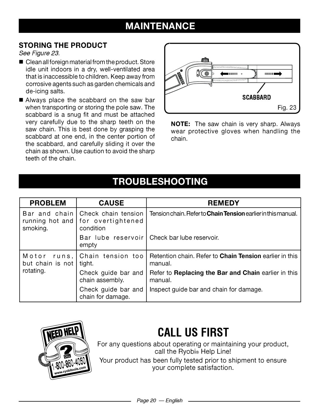 Ryobi RY43160 manuel dutilisation Troubleshooting, Storing the Product, Problem Cause Remedy 