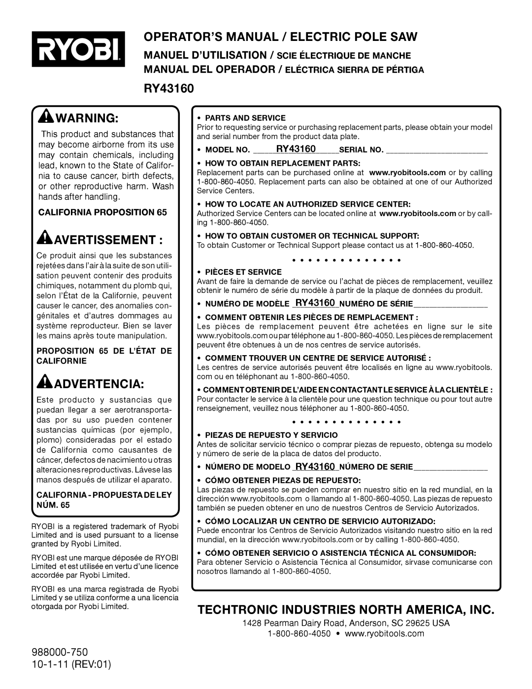 Ryobi RY43160 OPERATOR’S Manual / Electric Pole SAW, Avertissement , Advertencia, Techtronic Industries North AMERICA, INC 