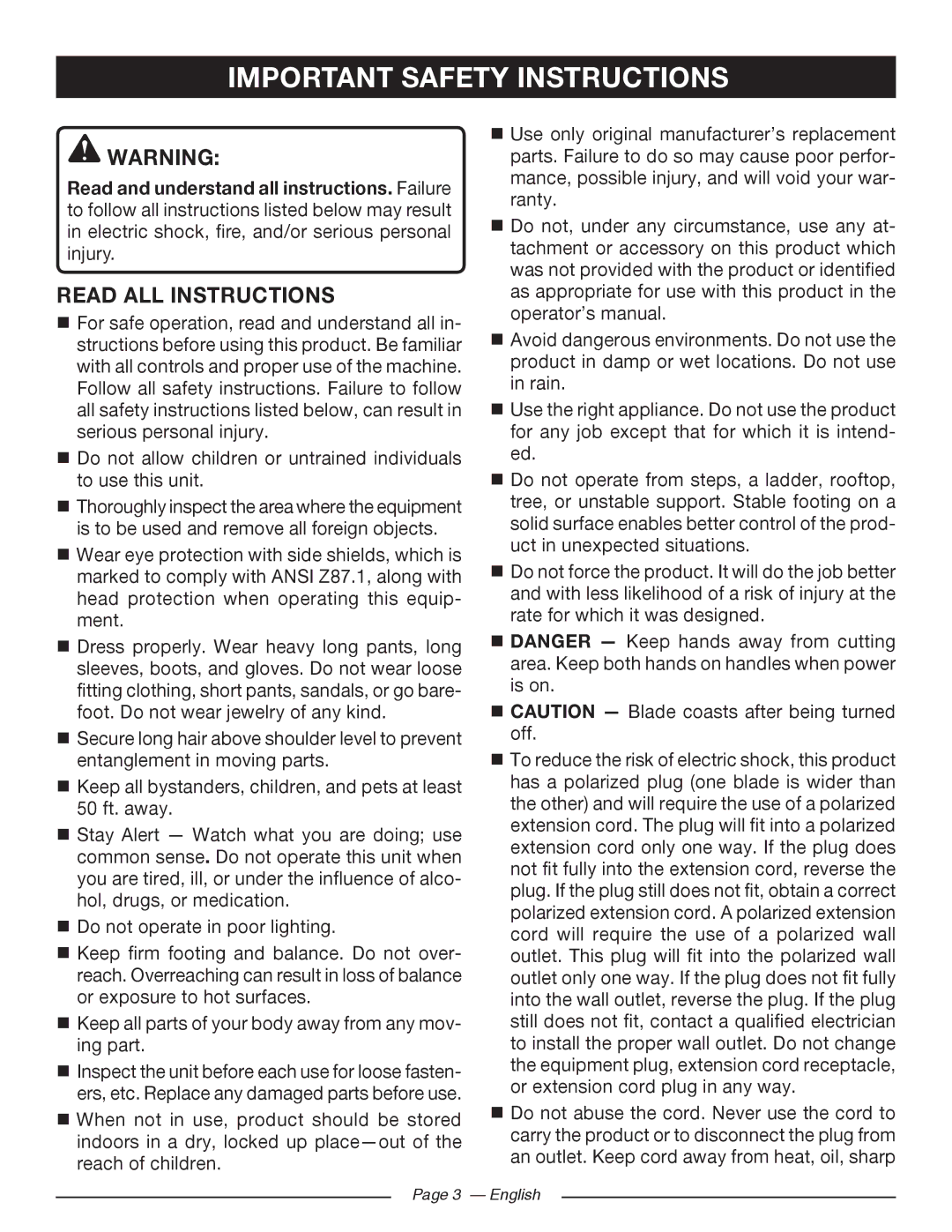 Ryobi RY43160 manuel dutilisation Important Safety Instructions, Read ALL Instructions 