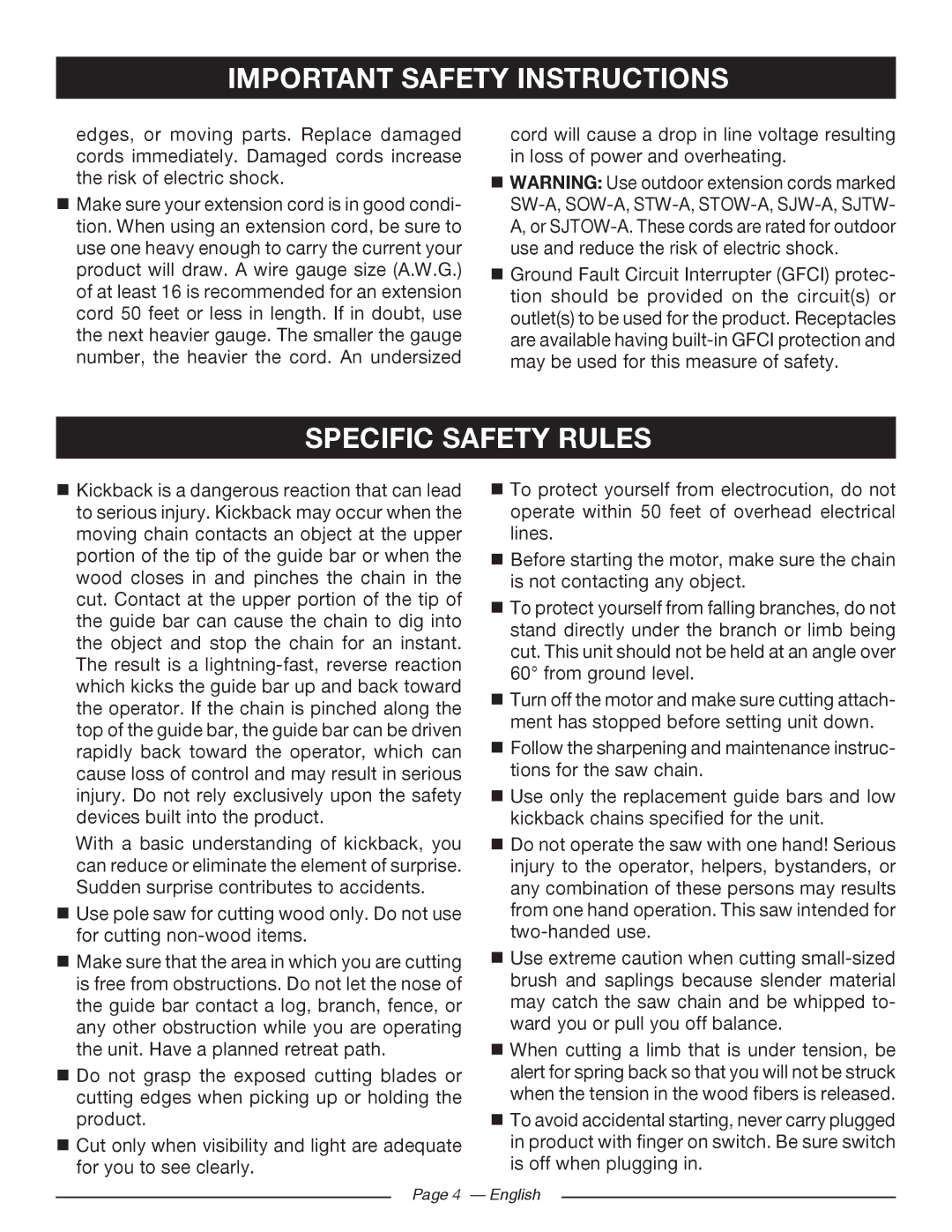 Ryobi RY43160 manuel dutilisation Specific Safety Rules 