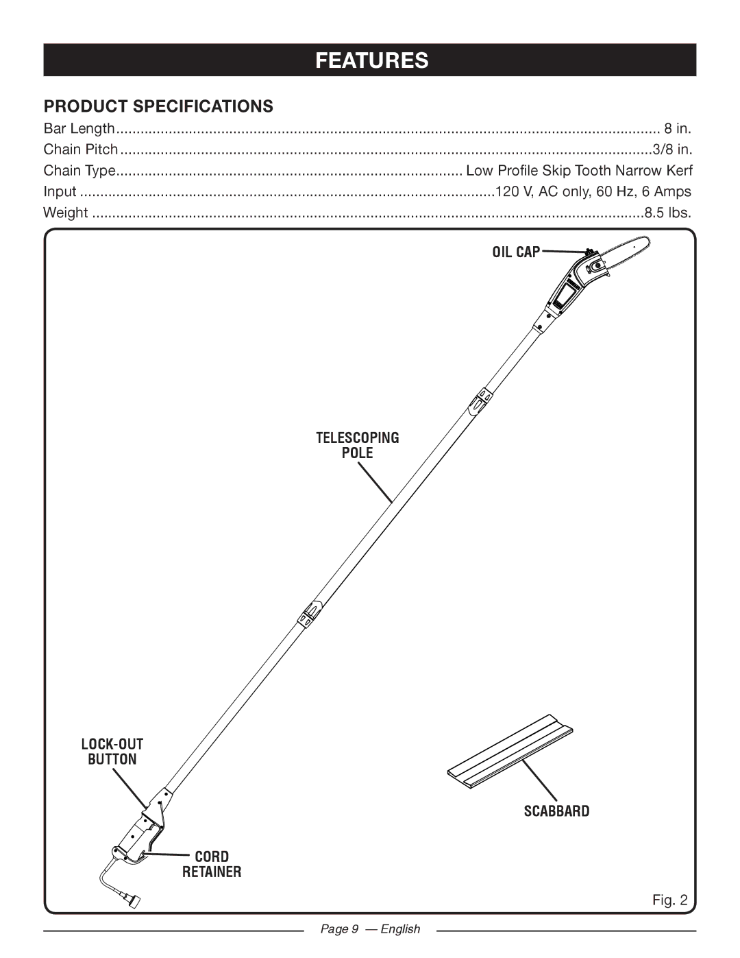 Ryobi RY43160 manuel dutilisation Product Specifications, Oil Cap, Telescoping Pole LOCK-OUT Button Scabbard, Retainer 