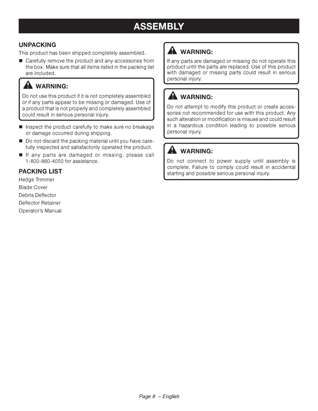 Ryobi RY44140 manuel dutilisation Assembly, Unpacking, Packing List, English 