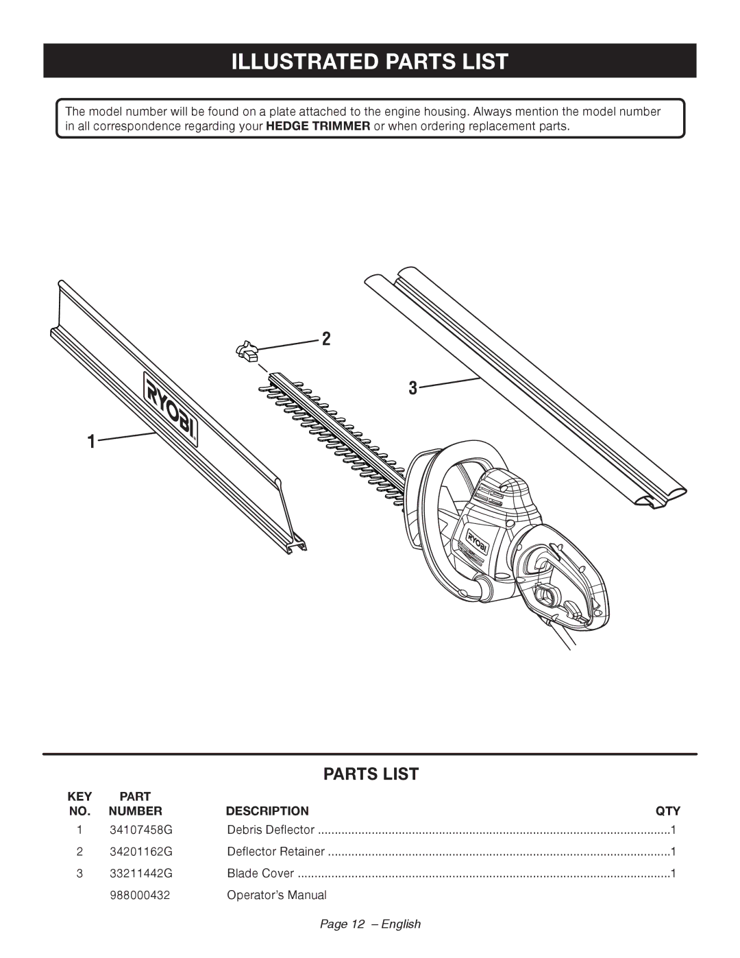 Ryobi RY44140 manuel dutilisation Illustrated Parts List, KEY Part Number Description QTY, English 