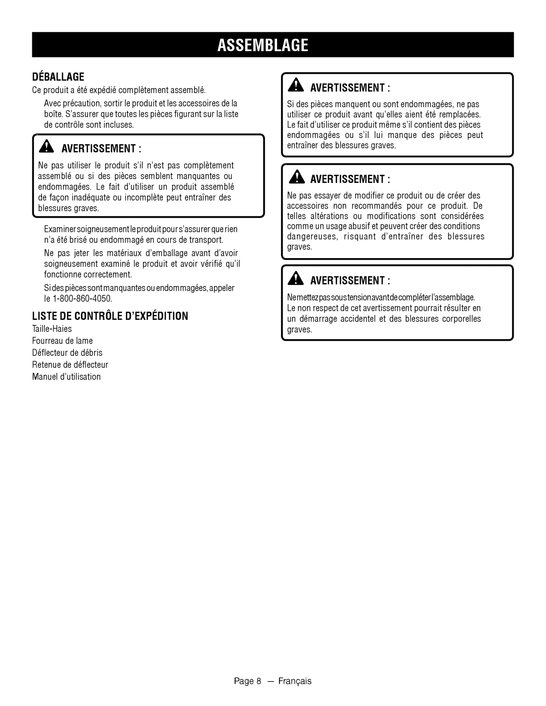 Ryobi RY44140 manuel dutilisation Assemblage, Déballage, Liste DE Contrôle D’EXPÉDITION, Français 