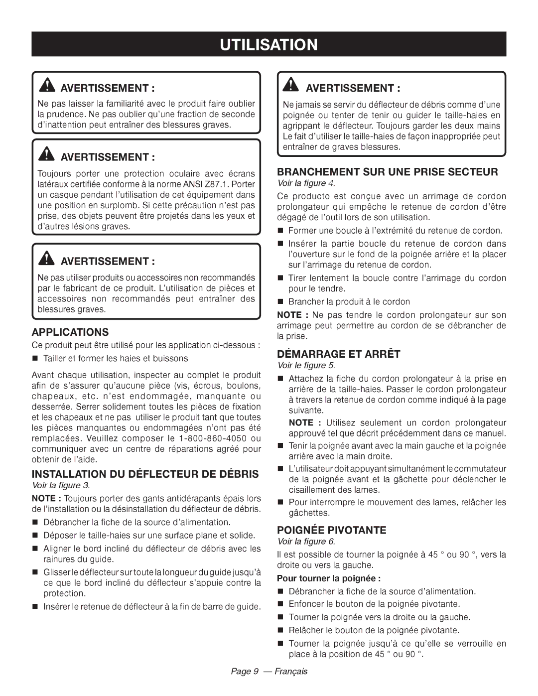 Ryobi RY44140 Utilisation, Installation DU Déflecteur DE Débris, Branchement SUR UNE Prise Secteur, Démarrage ET Arrêt 