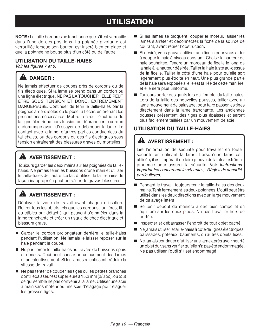 Ryobi RY44140 manuel dutilisation Utilisation DU TAILLE-HAIES Avertissement, Voir les figures 7 et, Français 