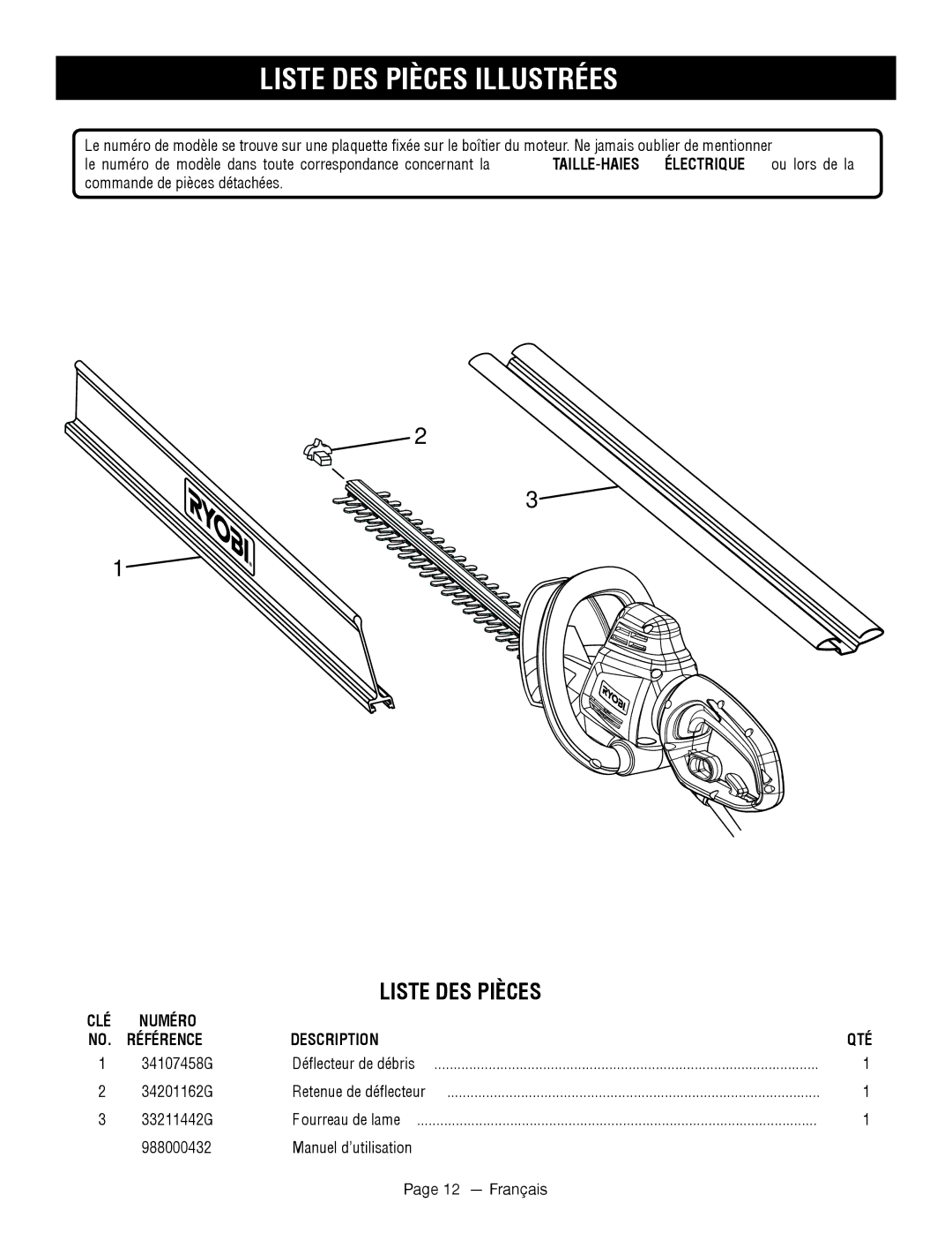 Ryobi RY44140 manuel dutilisation Liste DES Pièces Illustrées, CLÉ Numéro NO. Référence Description QTÉ, Français 