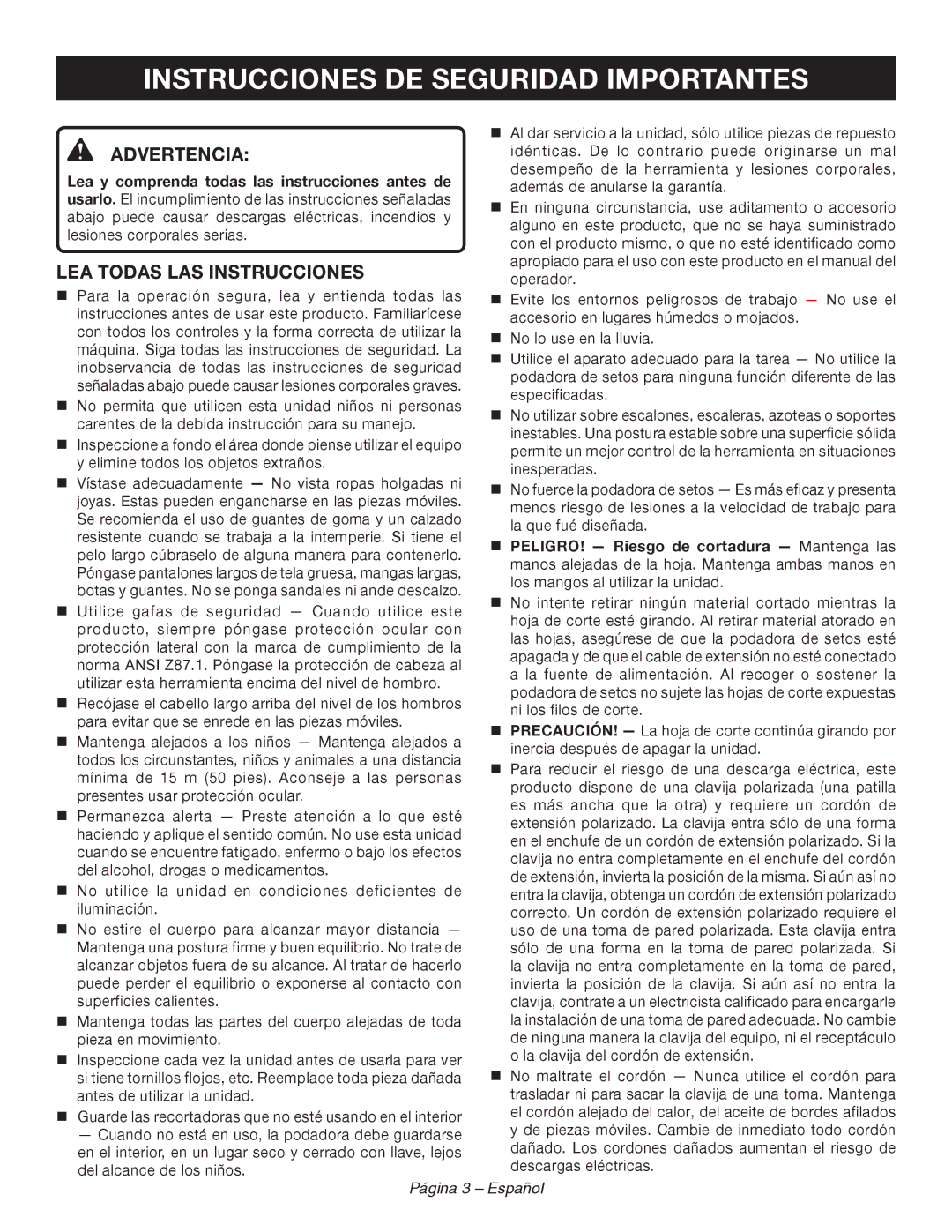 Ryobi RY44140 Instrucciones DE Seguridad Importantes, Advertencia, LEA Todas LAS Instrucciones, Página 3 Español 