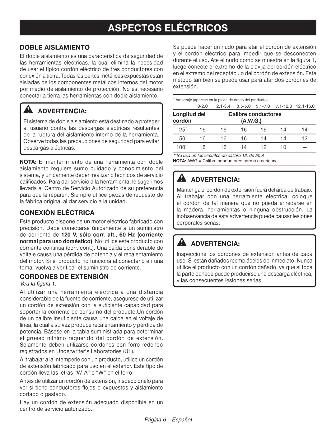 Ryobi RY44140 manuel dutilisation Aspectos Eléctricos, Doble Aislamiento, Conexión Eléctrica, Cordones DE Extensión 