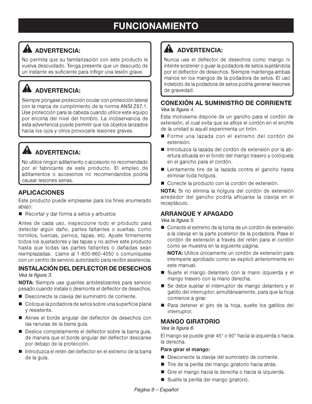 Ryobi RY44140 Funcionamiento, Aplicaciones, Conexión AL Suministro DE Corriente, Arranque Y Apagado, Mango Giratorio 