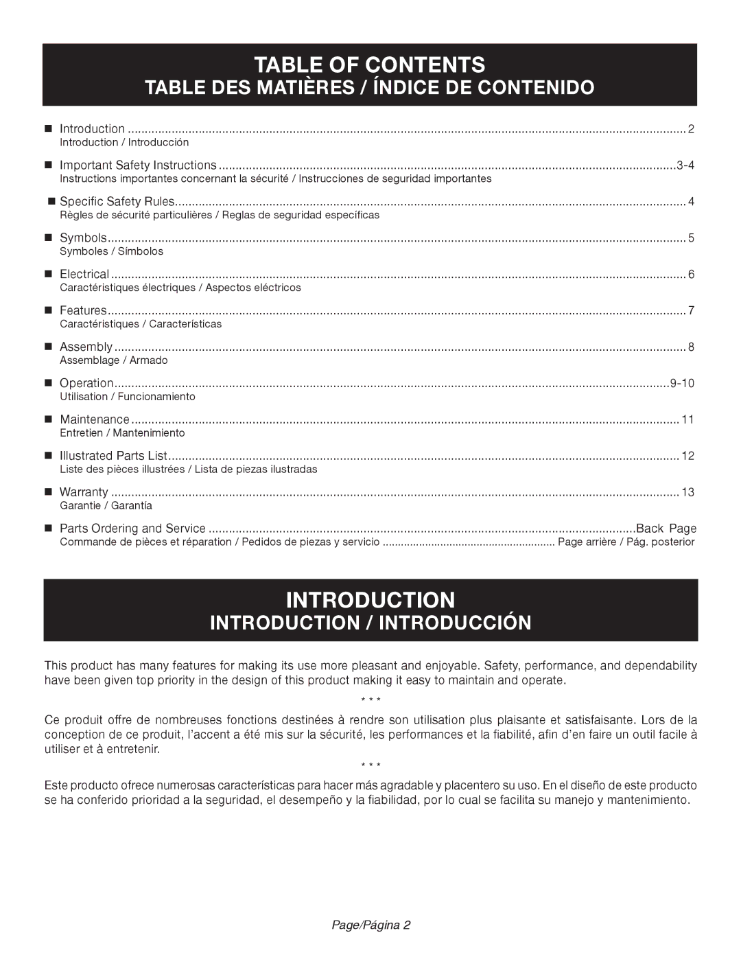 Ryobi RY44140 manuel dutilisation Table of Contents, Introduction 