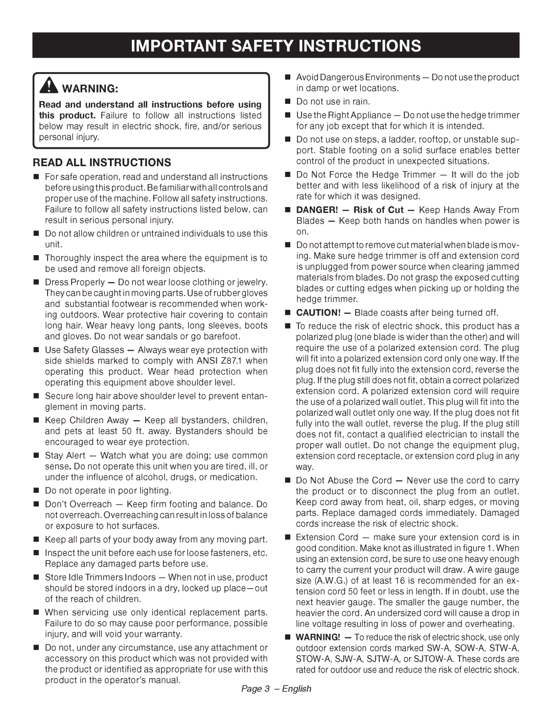 Ryobi RY44140 manuel dutilisation Important Safety Instructions, Read ALL Instructions, English 