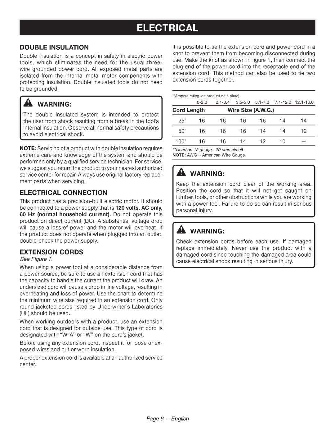 Ryobi RY44140 manuel dutilisation Double Insulation, Electrical Connection, Extension Cords 