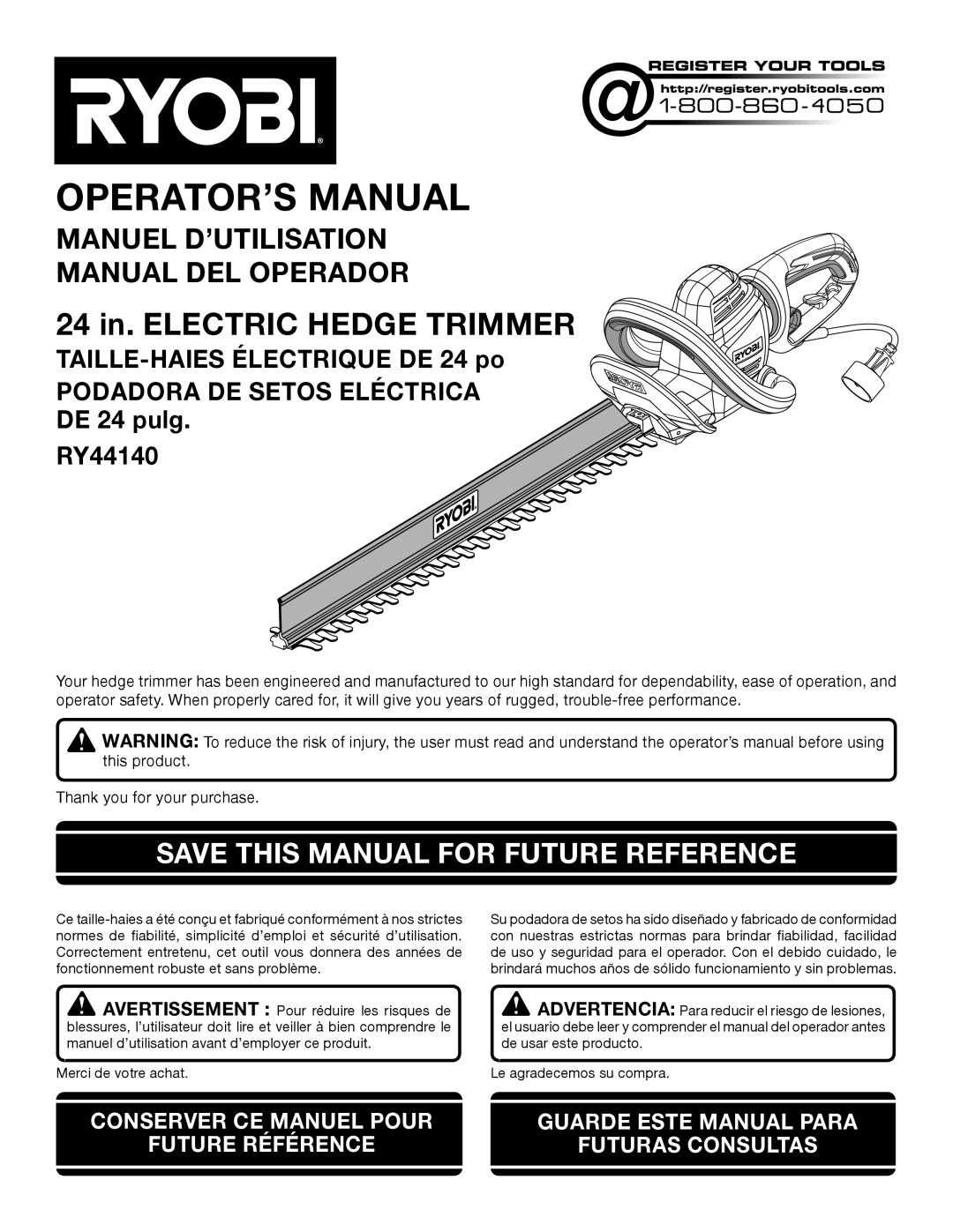 Ryobi manuel dutilisation 24 in. ELECTRIC HEDGE TRIMMER, Save This Manual For Future Reference, DE 24 pulg RY44140 