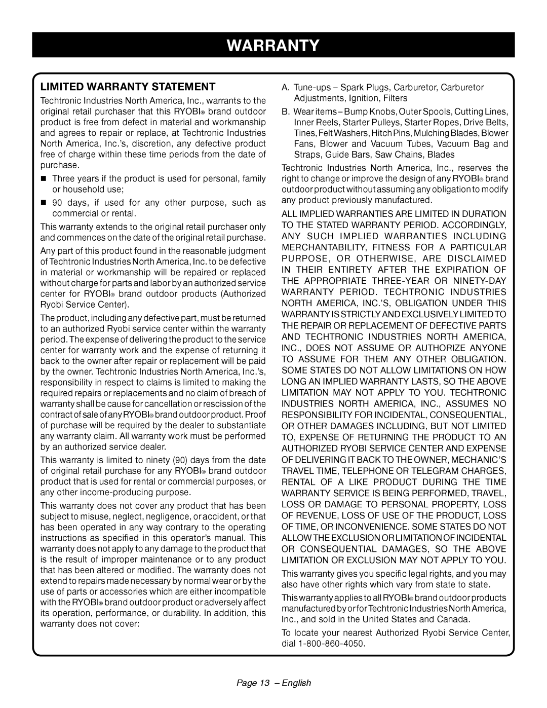 Ryobi RY44140 manuel dutilisation Limited Warranty Statement, Page 13 - English 