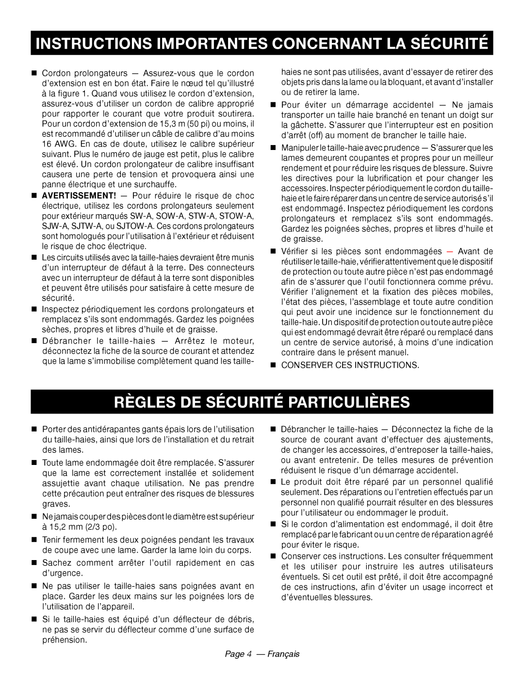 Ryobi RY44140 Règles De Sécurité Particulières, Page 4 - Français, Instructions Importantes Concernant La Sécurité 