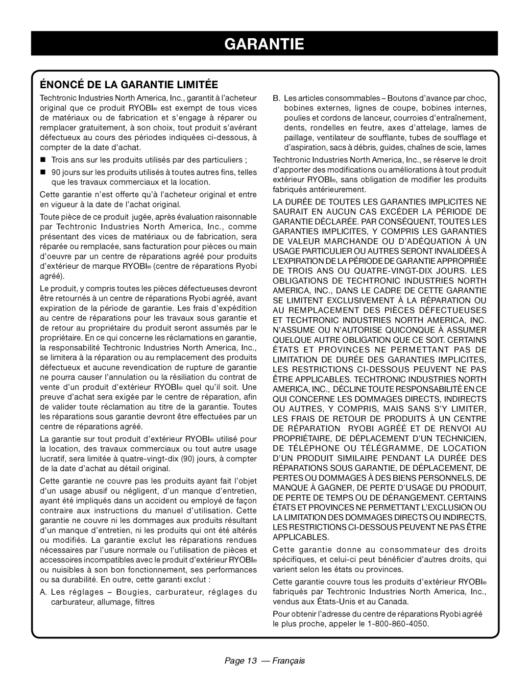 Ryobi RY44140 manuel dutilisation Énoncé De La Garantie Limitée, Page 13 - Français 