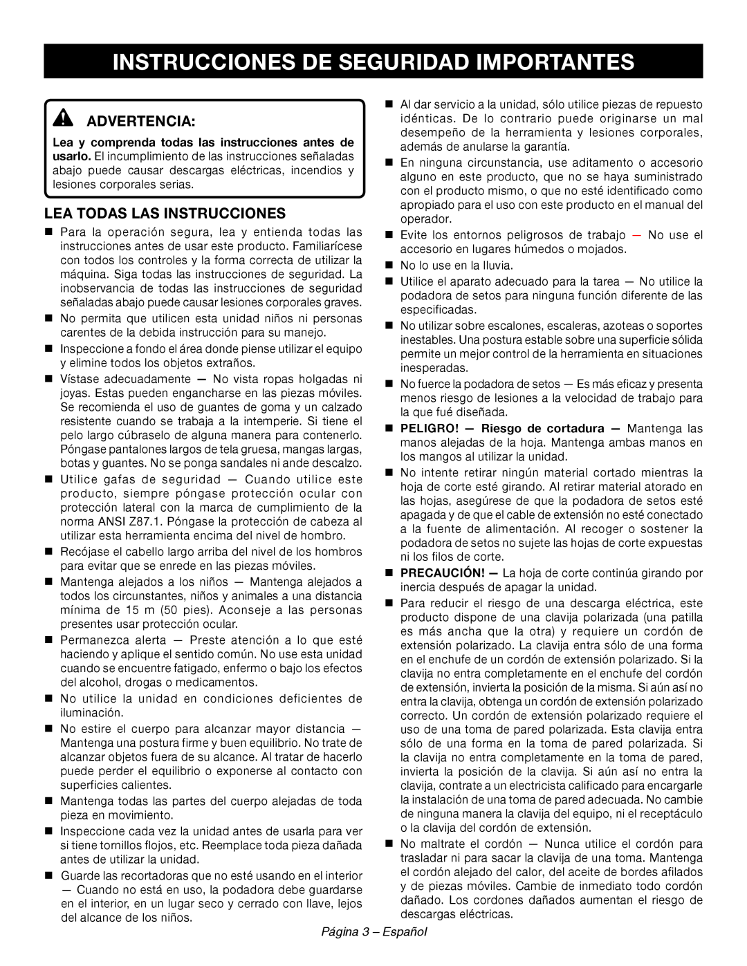 Ryobi RY44140 Instrucciones De Seguridad Importantes, Advertencia, Lea Todas Las Instrucciones, Página 3 - Español 