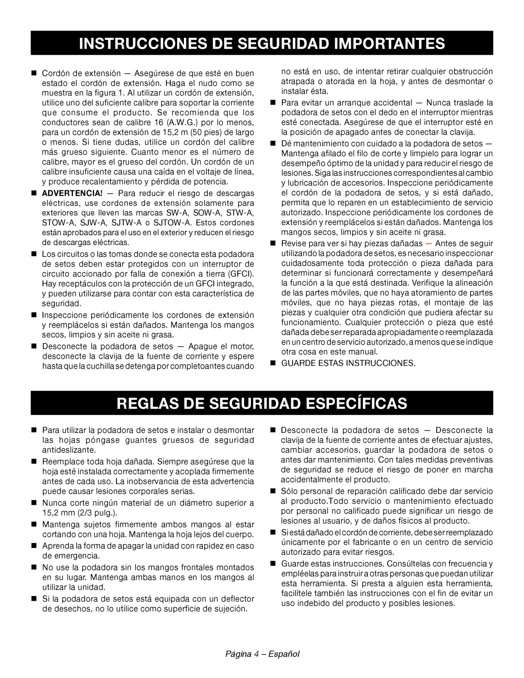 Ryobi RY44140 Reglas De Seguridad Específicas, Página 4 - Español, Instrucciones De Seguridad Importantes 