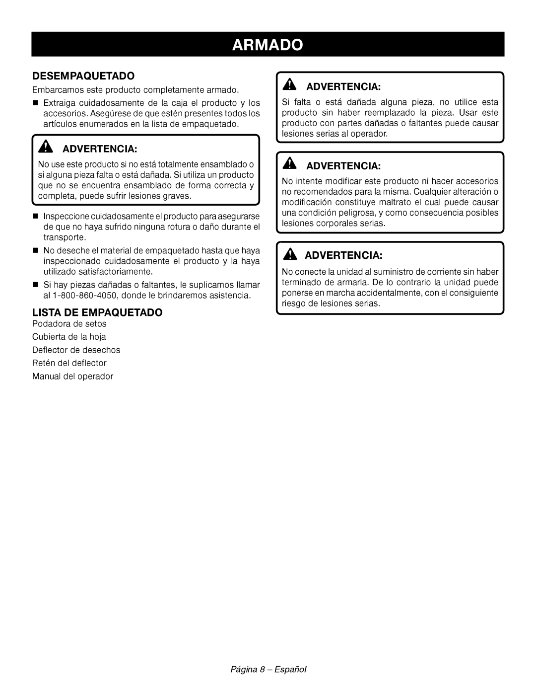 Ryobi RY44140 manuel dutilisation Armado, Desempaquetado, Lista De Empaquetado, Advertencia, Página 8 - Español 