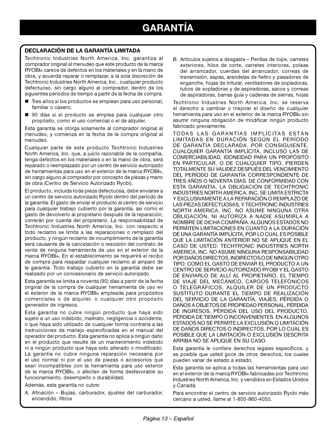 Ryobi RY44140 manuel dutilisation Página 13 - Español, Declaración De La Garantía Limitada 
