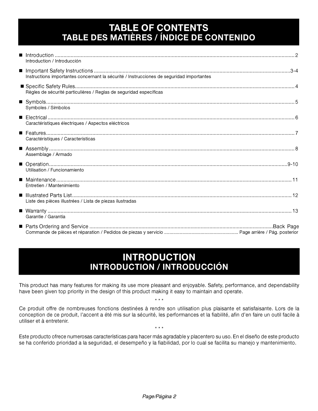 Ryobi RY44140 manuel dutilisation Table Of Contents, Introduction, Page/Página, Table Des Matières / Índice De Contenido 