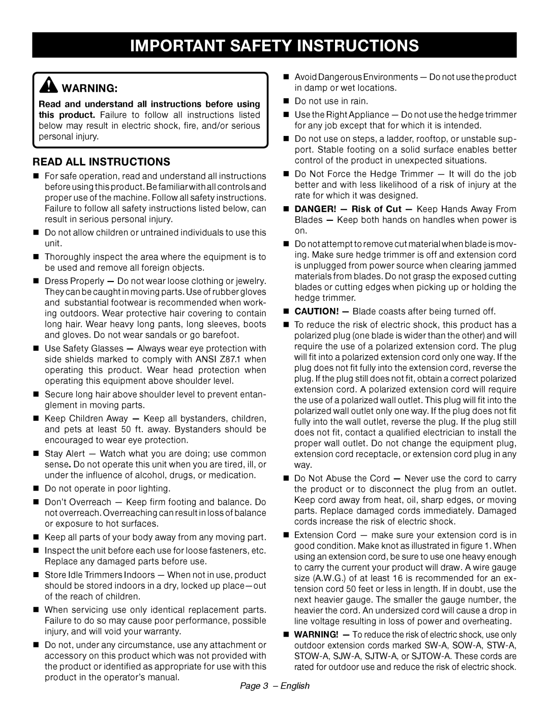 Ryobi RY44140 manuel dutilisation Important Safety Instructions, Read All Instructions, Page 3 - English 