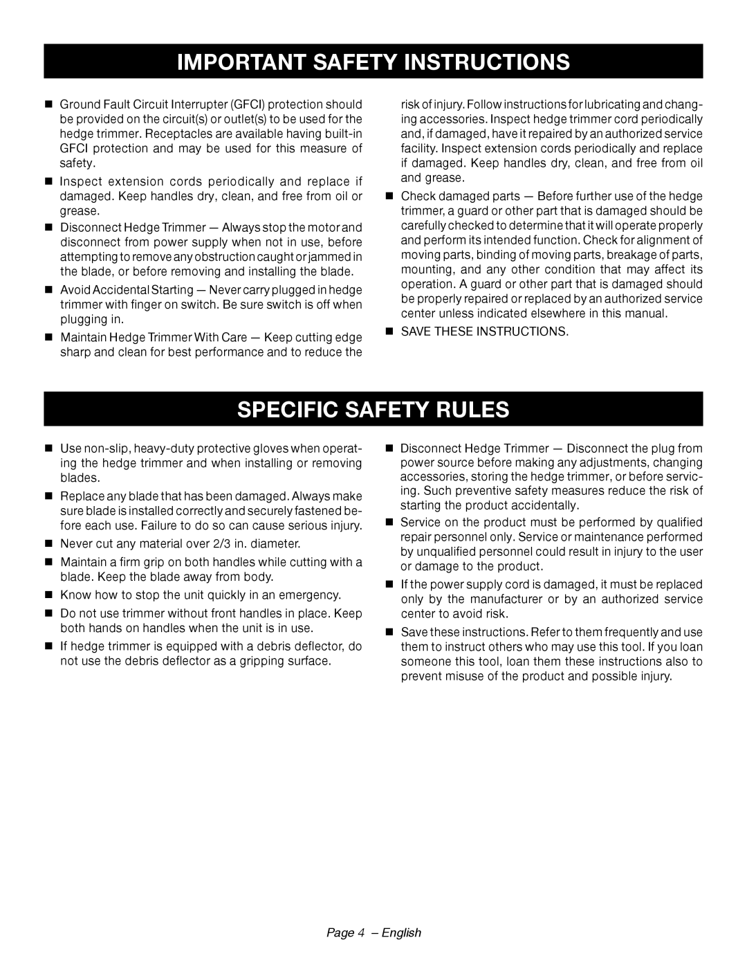 Ryobi RY44140 manuel dutilisation Specific Safety Rules, Page 4 - English, Important Safety Instructions 