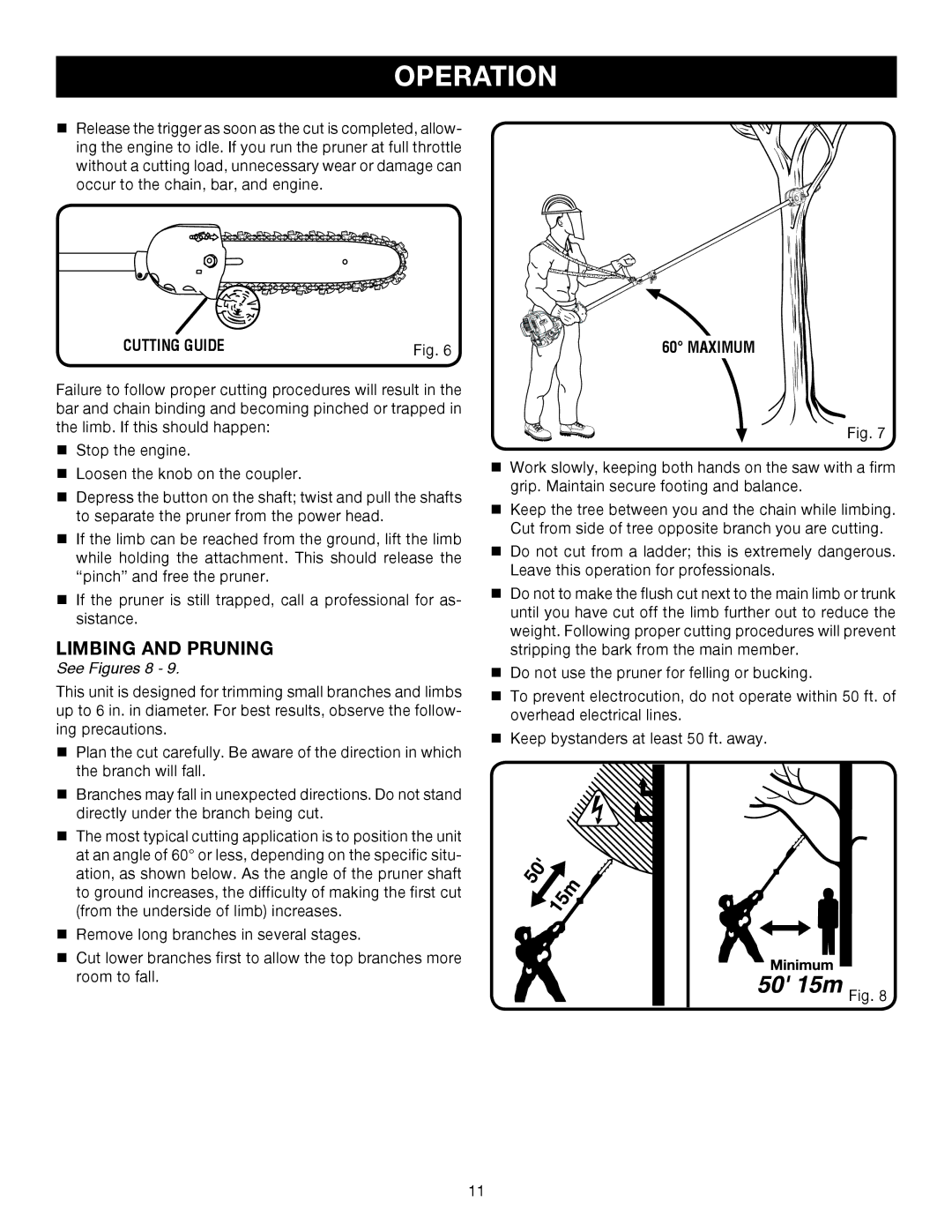 Ryobi RY52003 manual Limbing and Pruning, Cutting Guide, See Figures 8, Maximum 