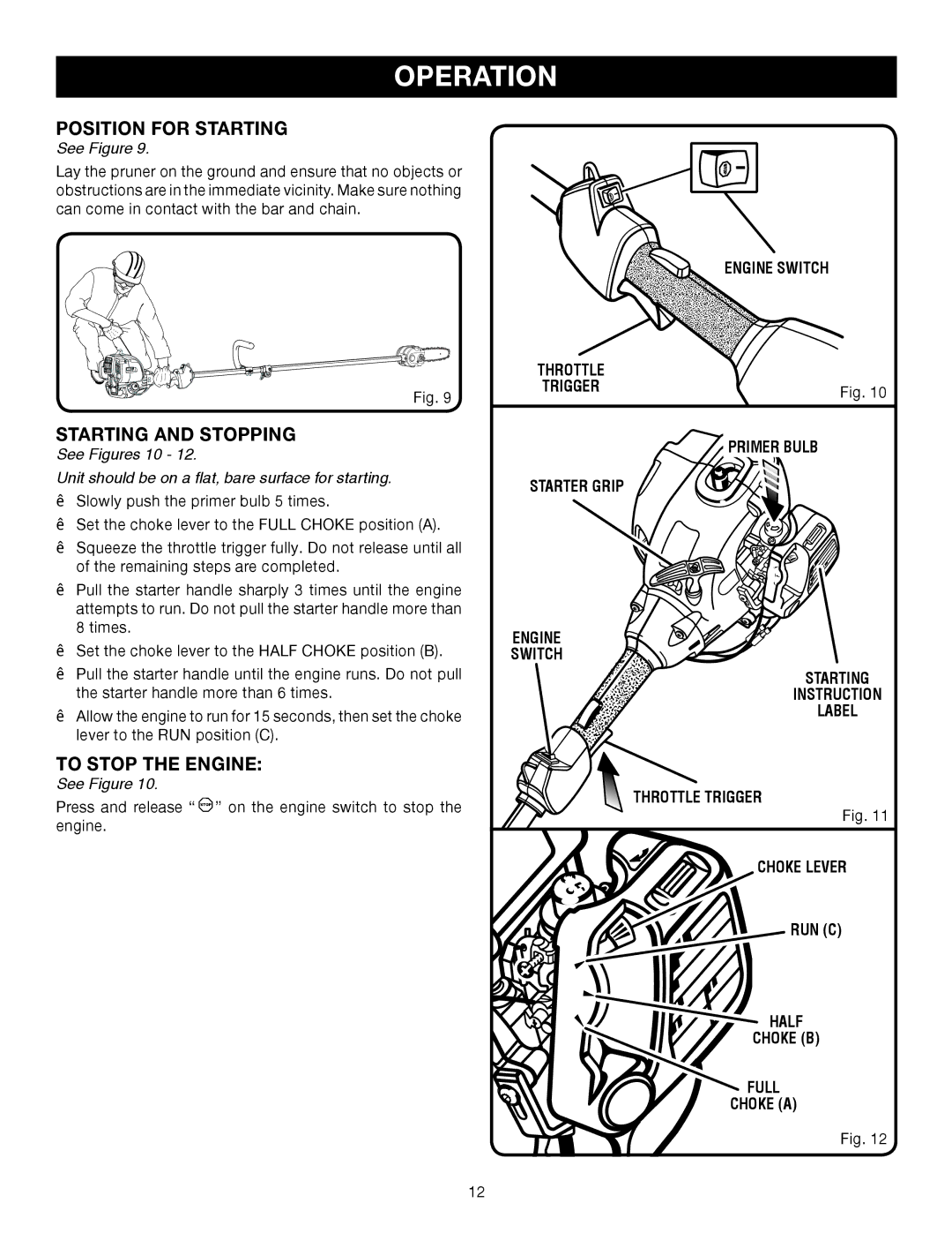 Ryobi RY52003 Position for Starting, Starting and Stopping, To Stop the Engine, Engine Switch, Primer Bulb Starter Grip 