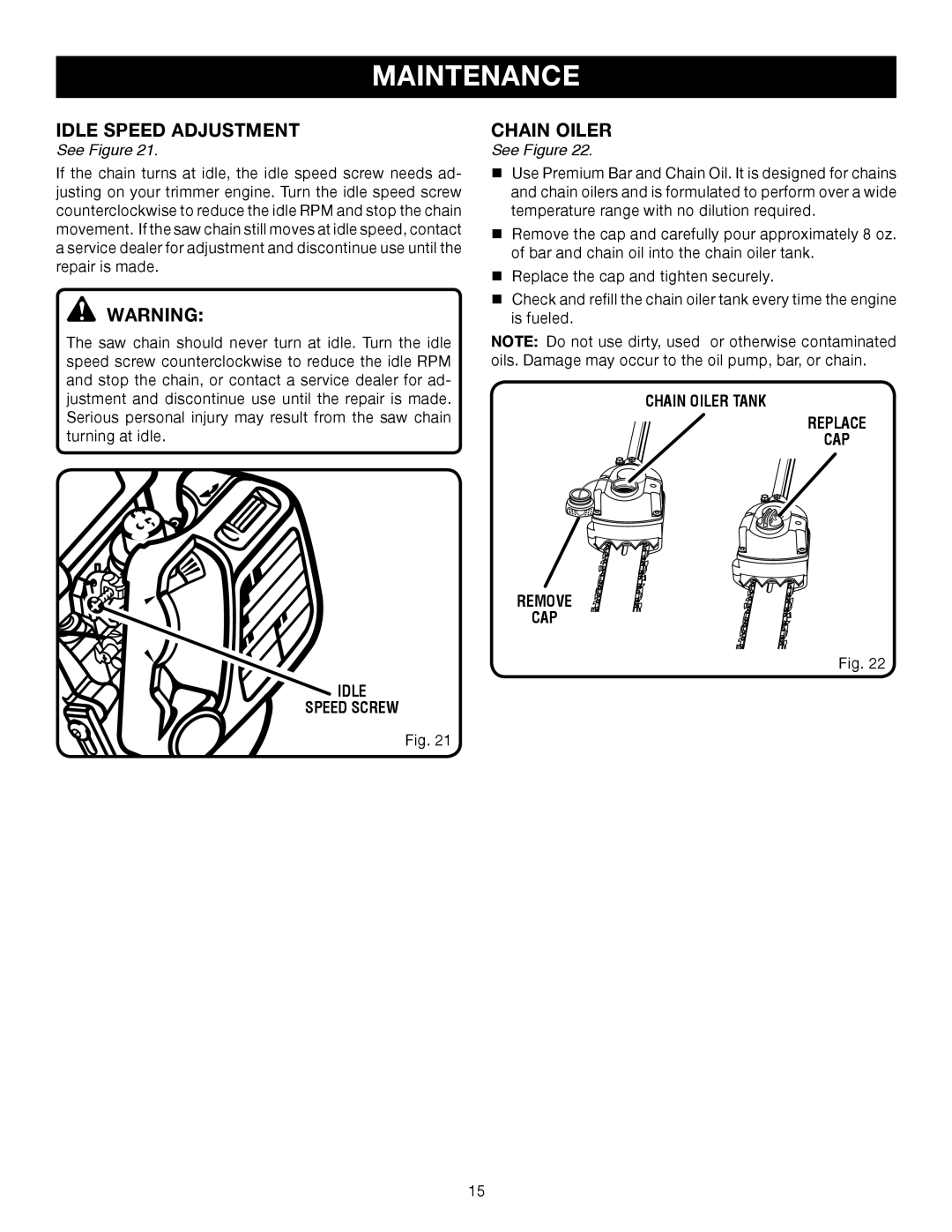 Ryobi RY52003 manual Idle Speed Adjustment, Idle Speed Screw, Chain Oiler Tank Replace CAP Remove 