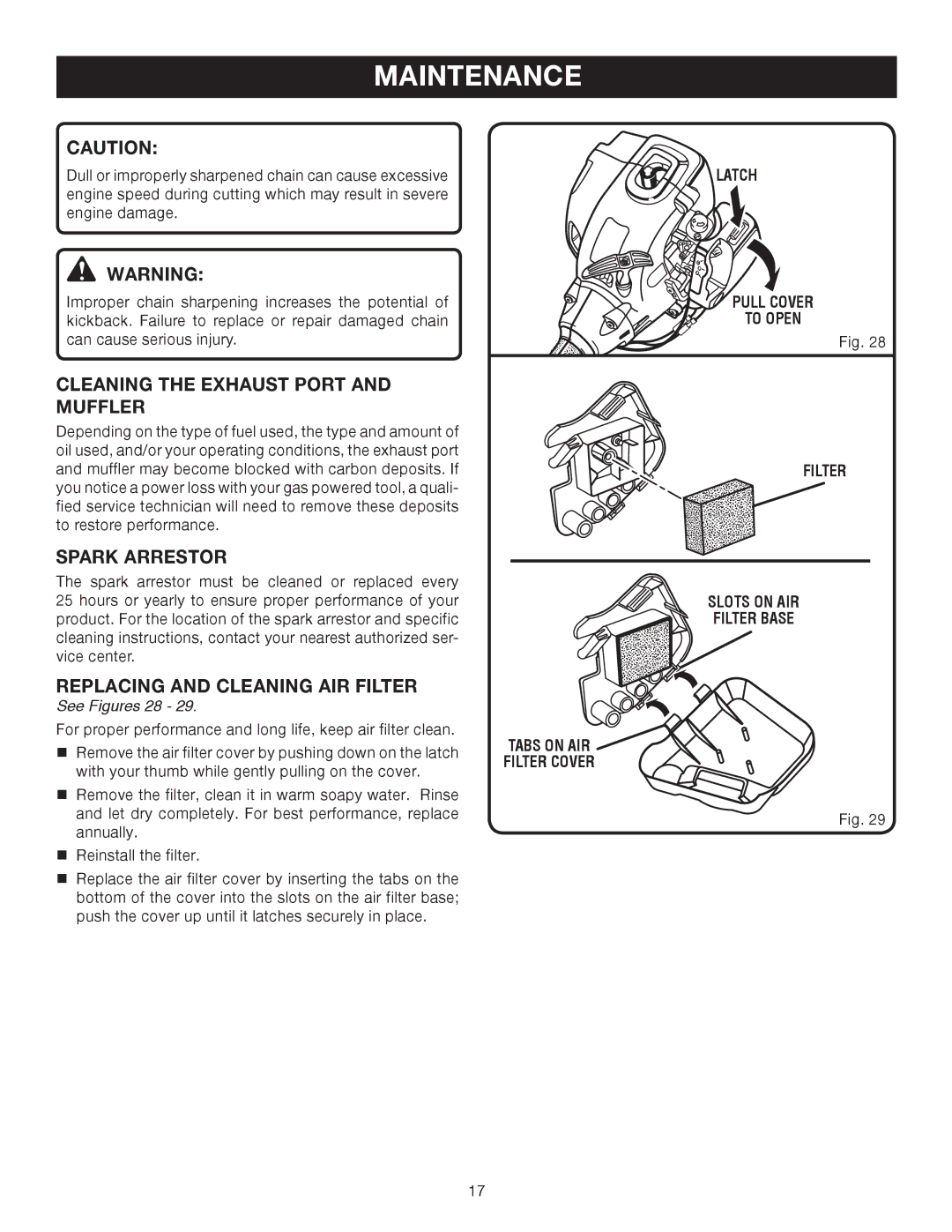 Ryobi RY52003 Cleaning the Exhaust Port and Muffler, Spark Arrestor, Replacing and Cleaning AIR Filter, See Figures 28 