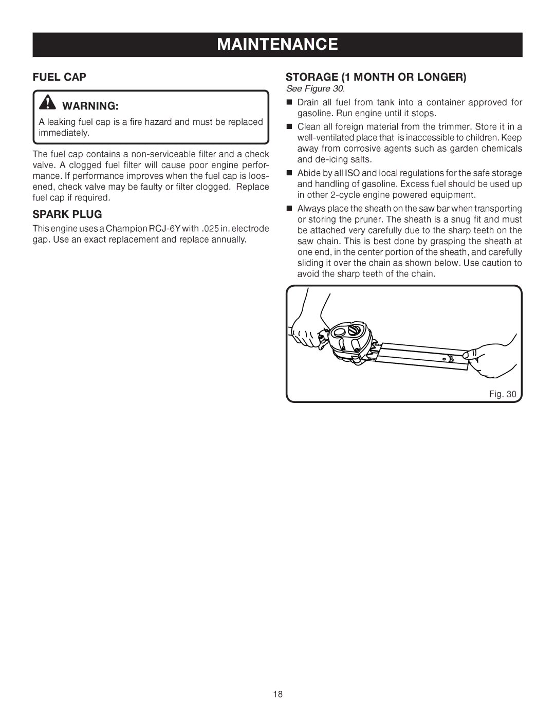 Ryobi RY52003 manual Fuel CAP, Spark Plug, Storage 1 Month or Longer 