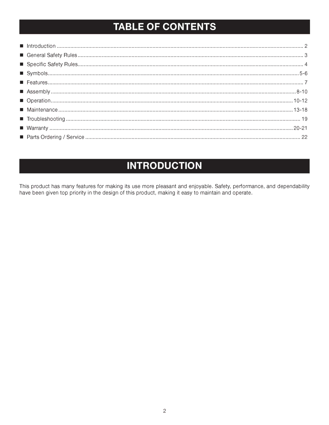 Ryobi RY52003 manual Introduction, Table of Contents 