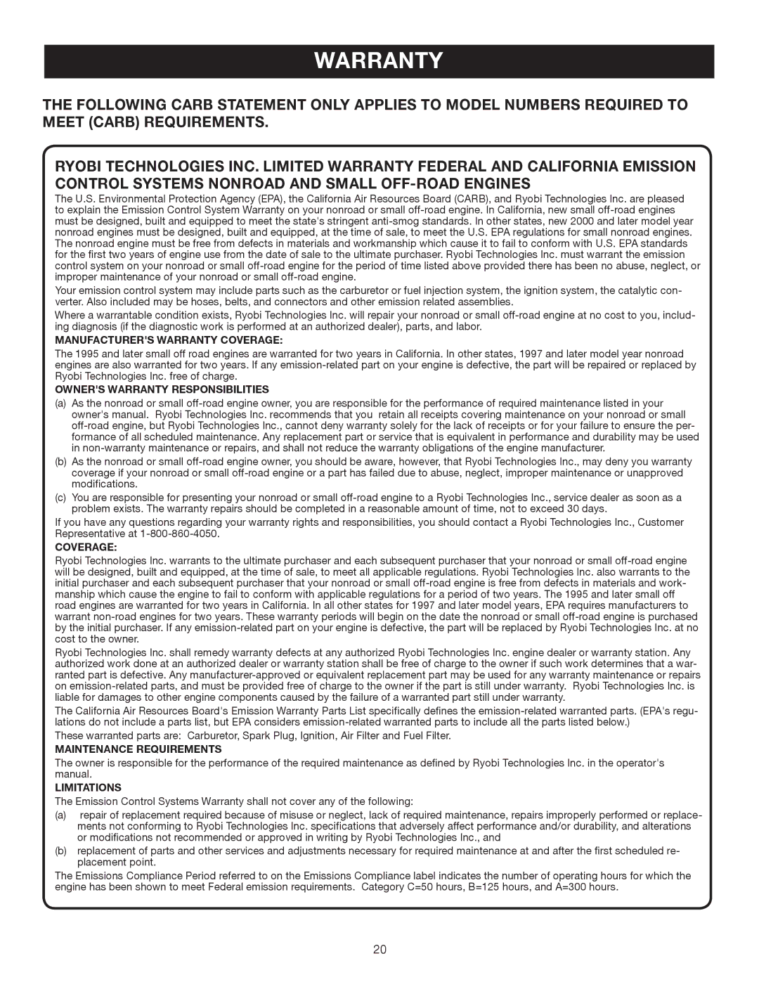 Ryobi RY52003 manual Manufacturers Warranty Coverage 