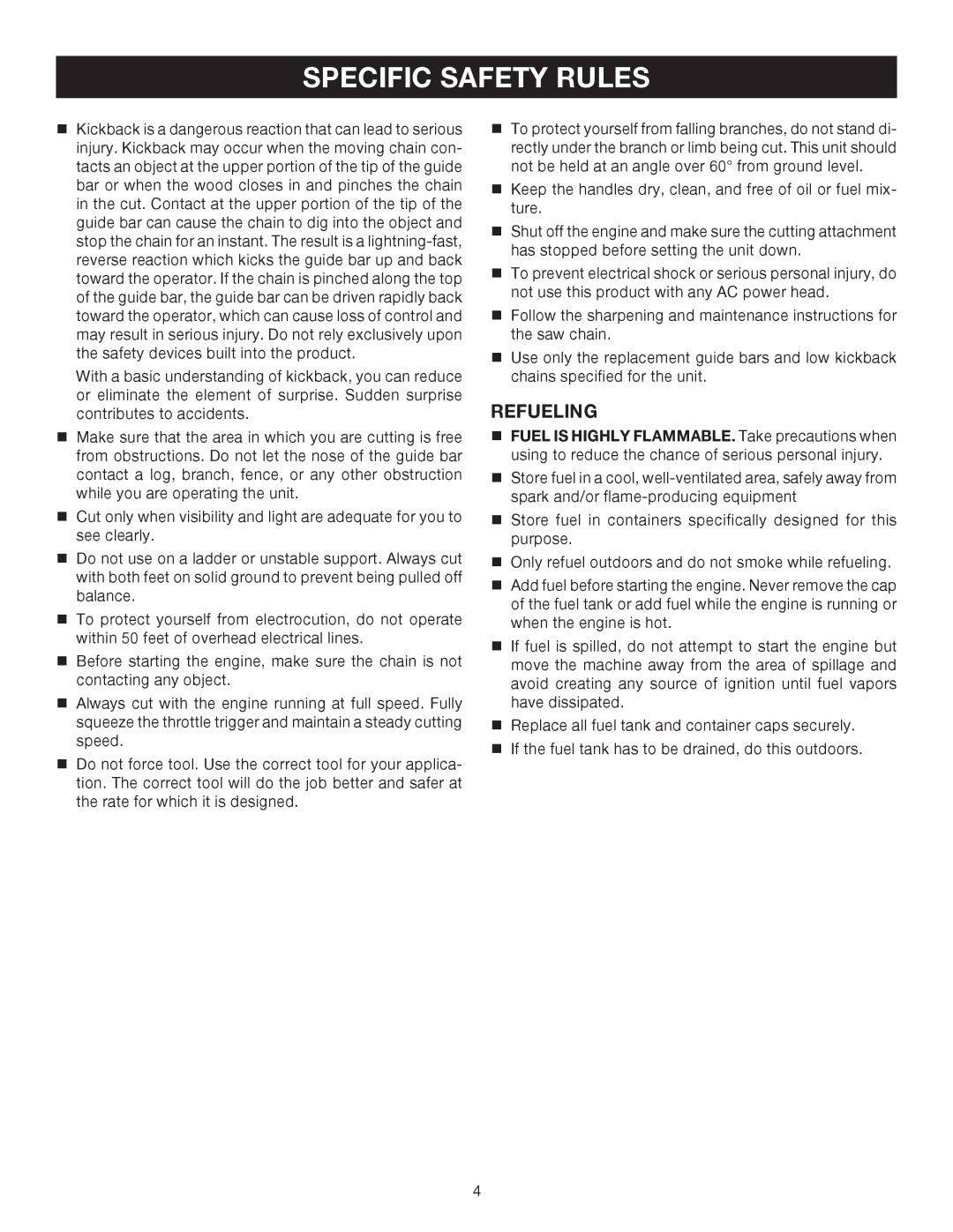 Ryobi RY52003 manual Specific Safety Rules, Refueling 