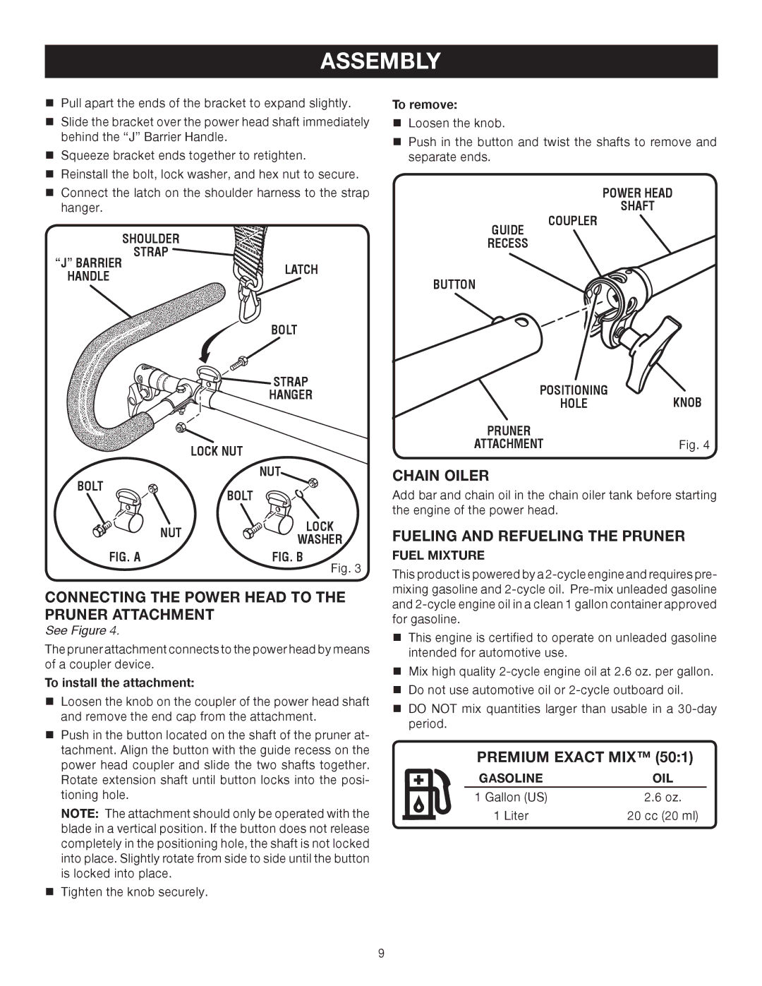 Ryobi RY52003 manual Connecting the Power Head to the Pruner Attachment, Chain Oiler, Fueling and Refueling the Pruner 