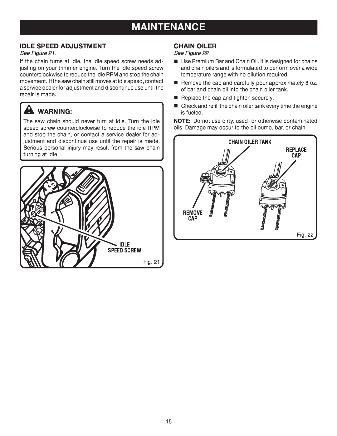 Ryobi RY52003 manual Idle Speed Adjustment, Maintenance, Chain Oiler, See Figure, Idle Speed Screw 