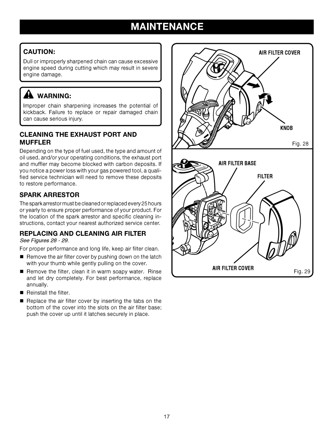 Ryobi RY52004 Cleaning the Exhaust Port and Muffler, Spark Arrestor, Replacing and Cleaning AIR Filter, See Figures 28 