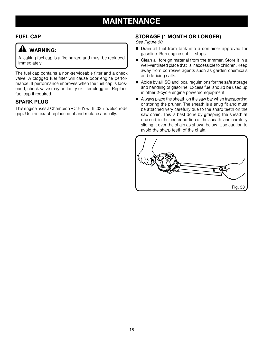 Ryobi RY52004 manual Fuel CAP, Spark Plug, Storage 1 Month or Longer 