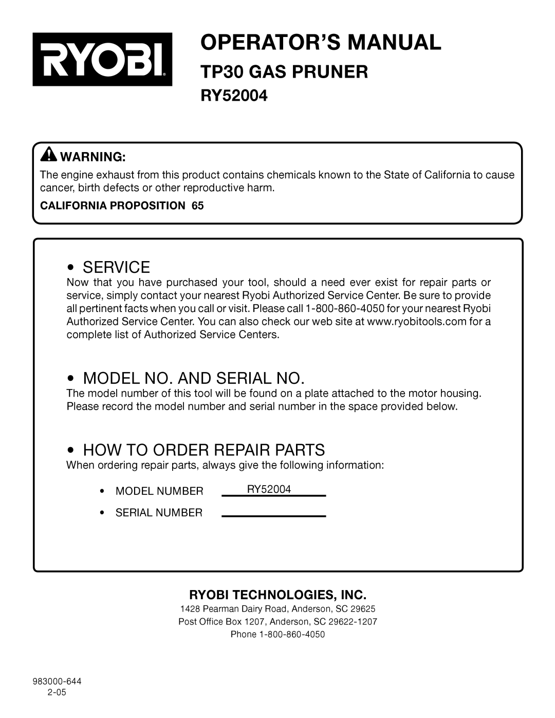 Ryobi RY52004 manual Service Model NO. and Serial no, California Proposition 