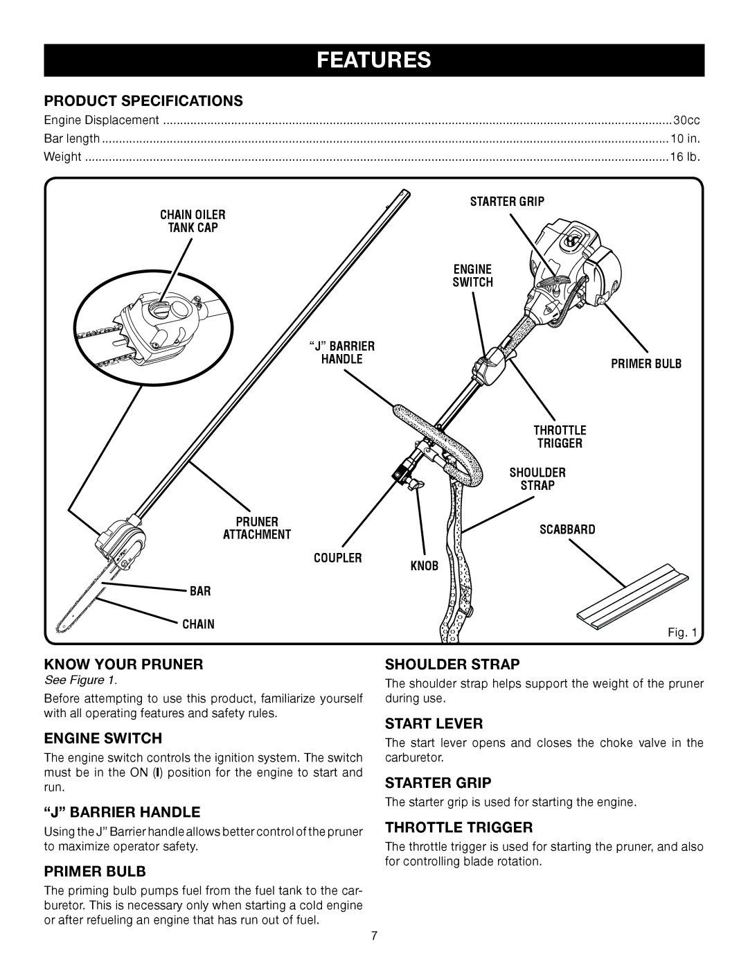 Ryobi RY52004 manual Product Specifications, Know Your Pruner, Engine Switch, Barrier Handle, Primer Bulb, Shoulder Strap 