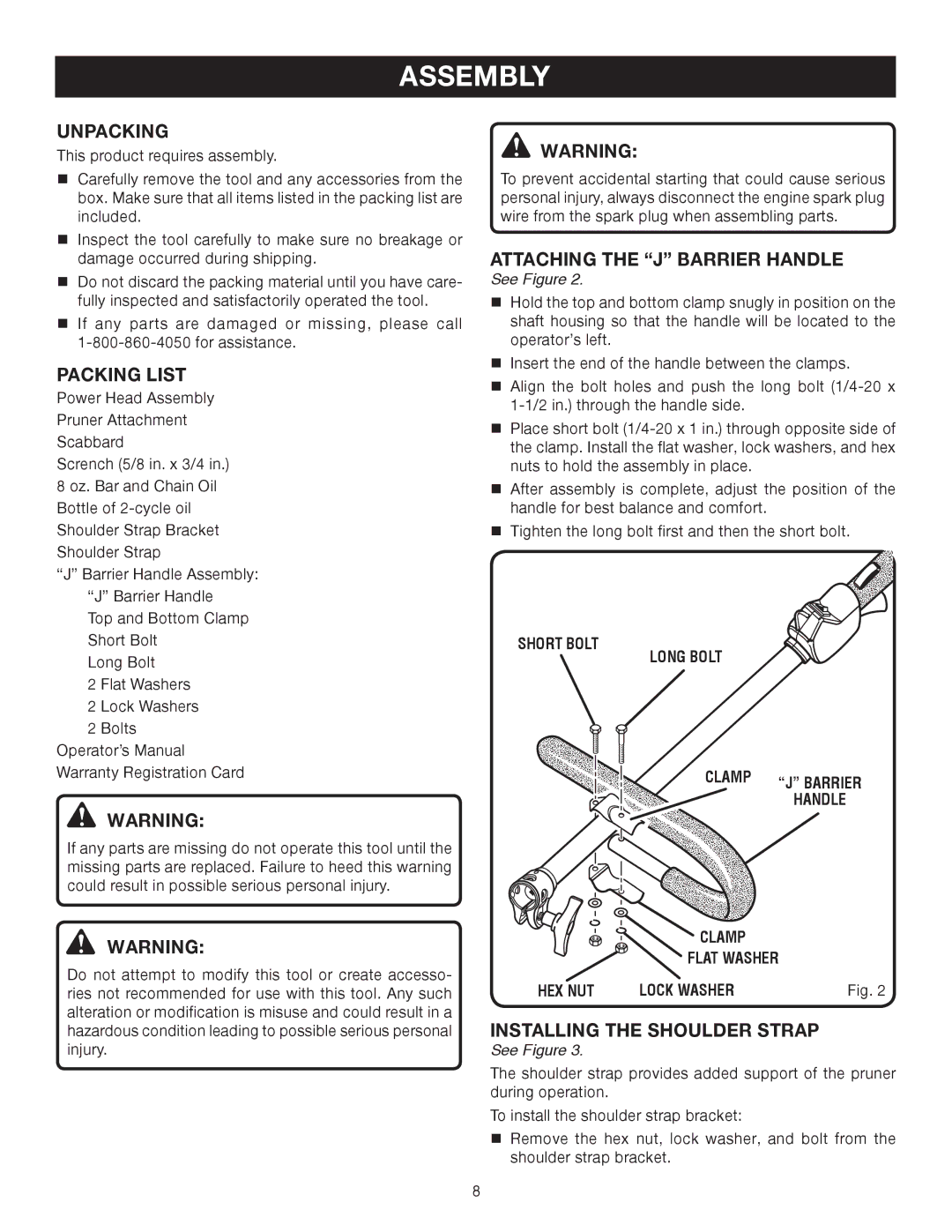 Ryobi RY52004 manual Assembly, Unpacking, Packing List, Attaching the J Barrier Handle, Installing the Shoulder Strap 