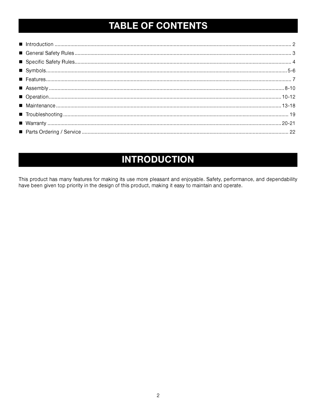 Ryobi RY52004 manual Introduction, Table Of Contents 