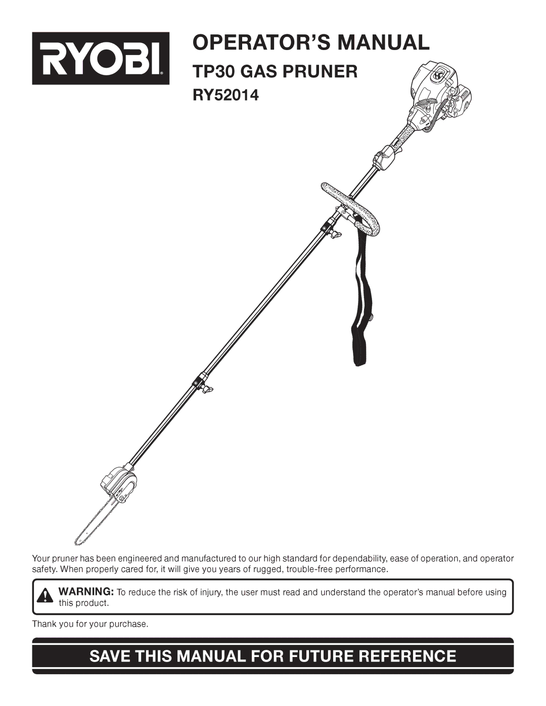 Ryobi RY52014 manual OPERATOR’S Manual, Save this Manual for Future Reference 